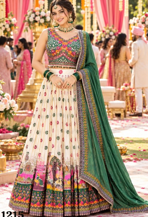 Crepe Silk Cream Festival Wear Embroidery Work Readymade Lehenga Choli